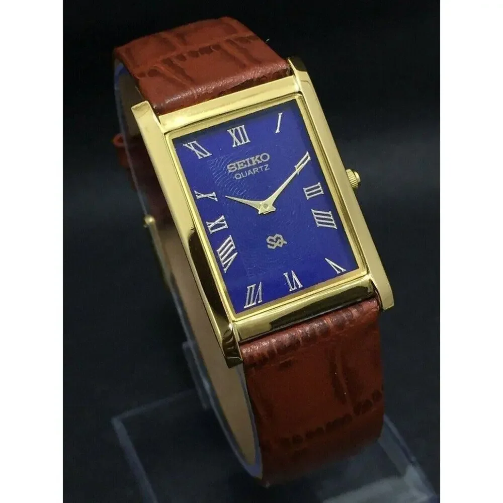 Vintage Style Seiko Quartz Mens Gold Watch & Blue accents W/ Leather Strap